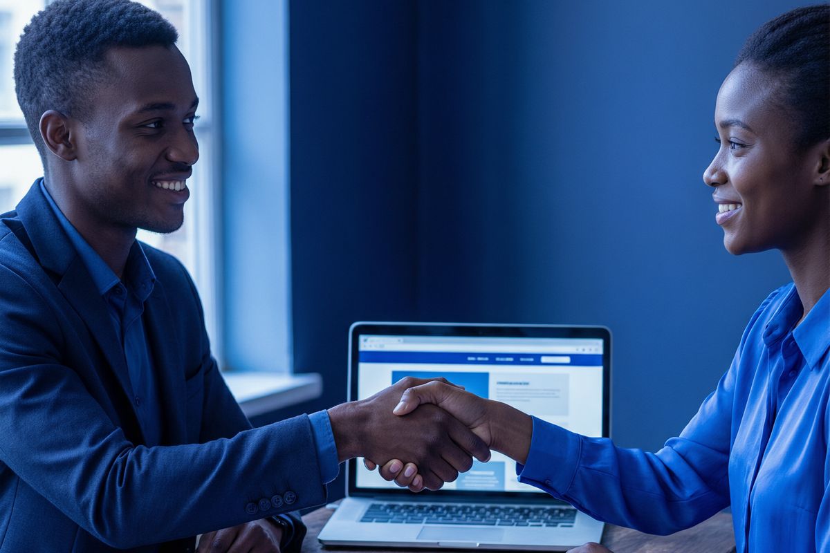 The SiteReadyZM team welcoming a client across the studio desk