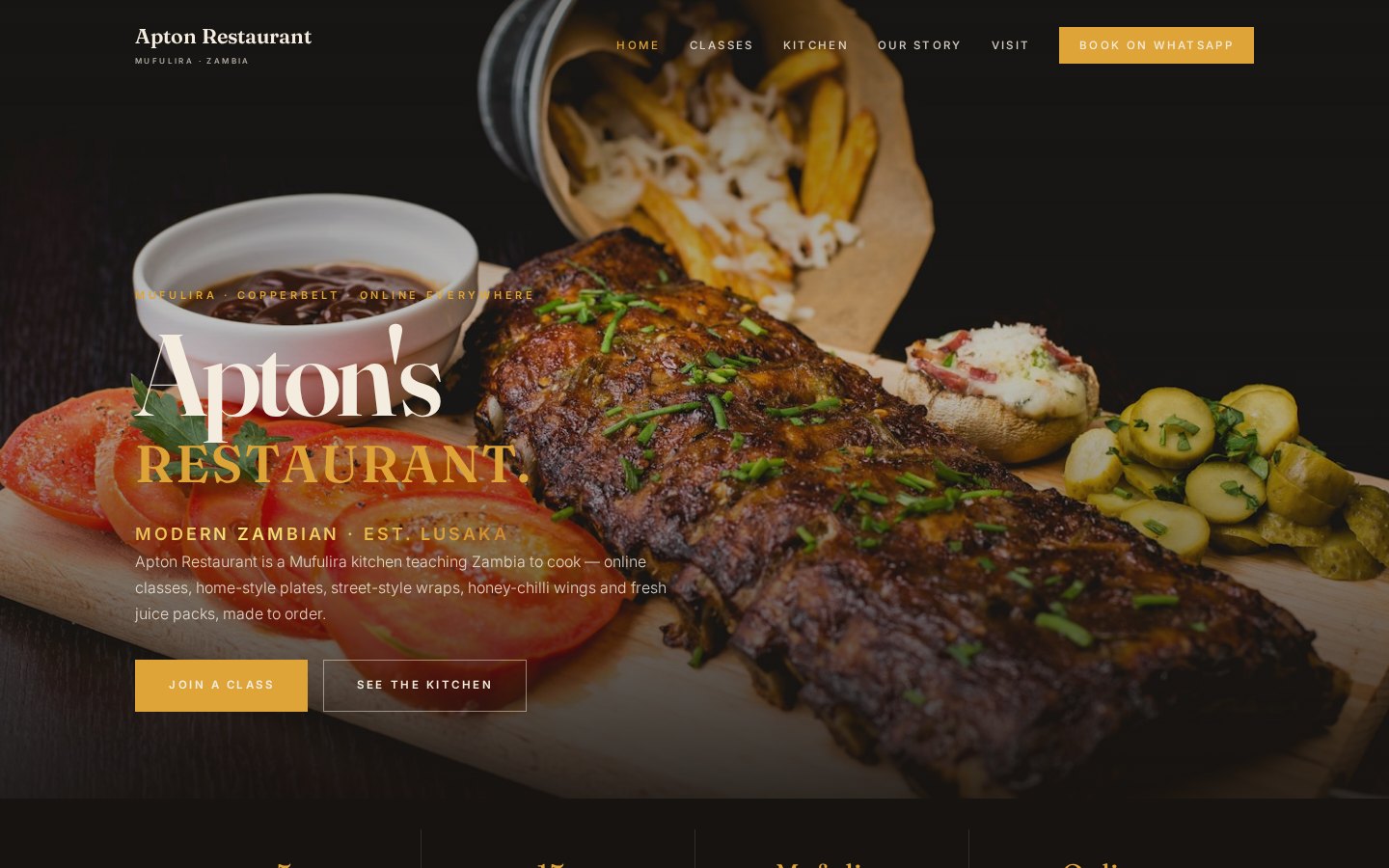 Live screenshot of the Apton Restaurant website hero: modern Zambian kitchen