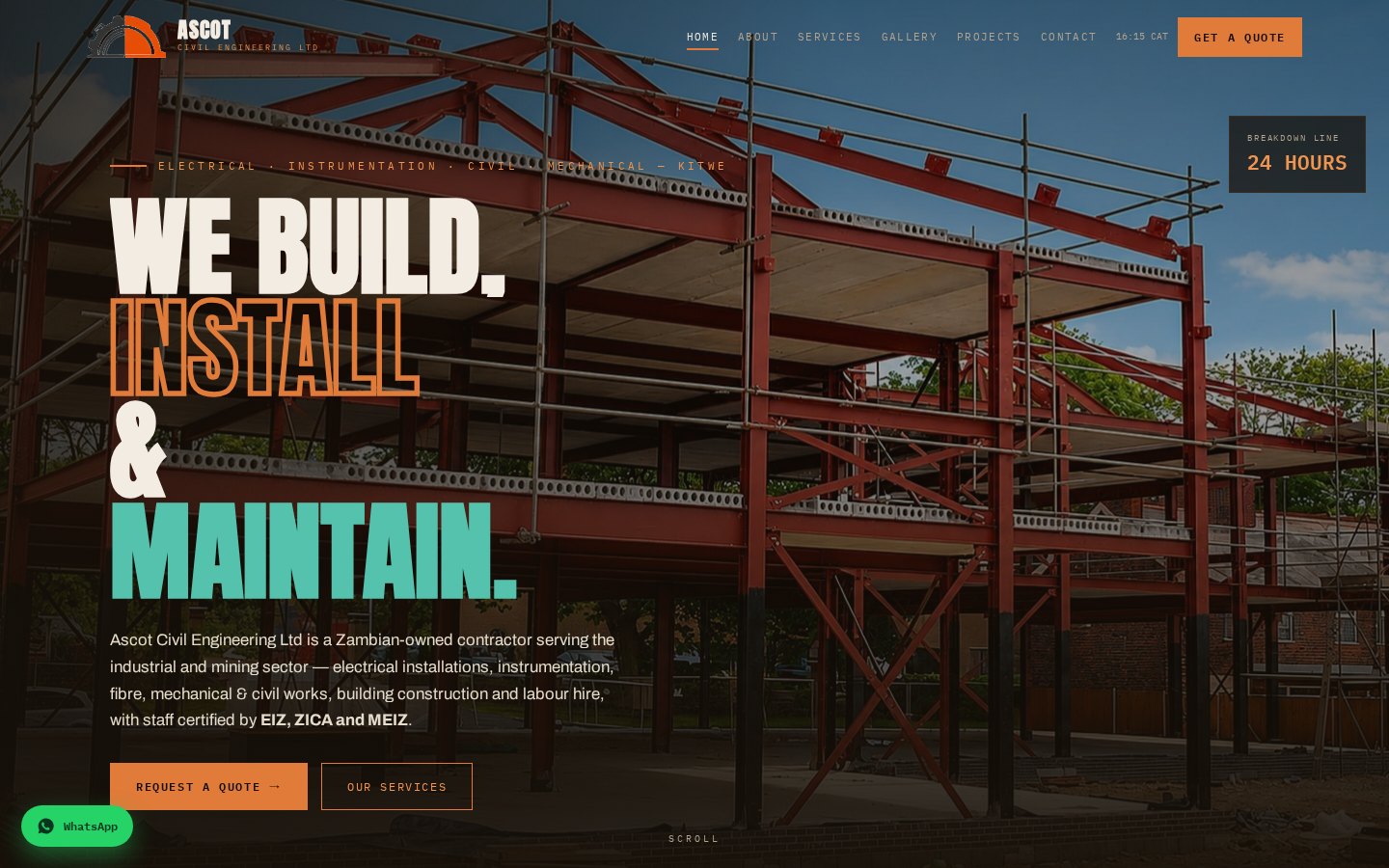 Live screenshot of the Ascot Civil Engineering website hero: WE BUILD, INSTALL & MAINTAIN