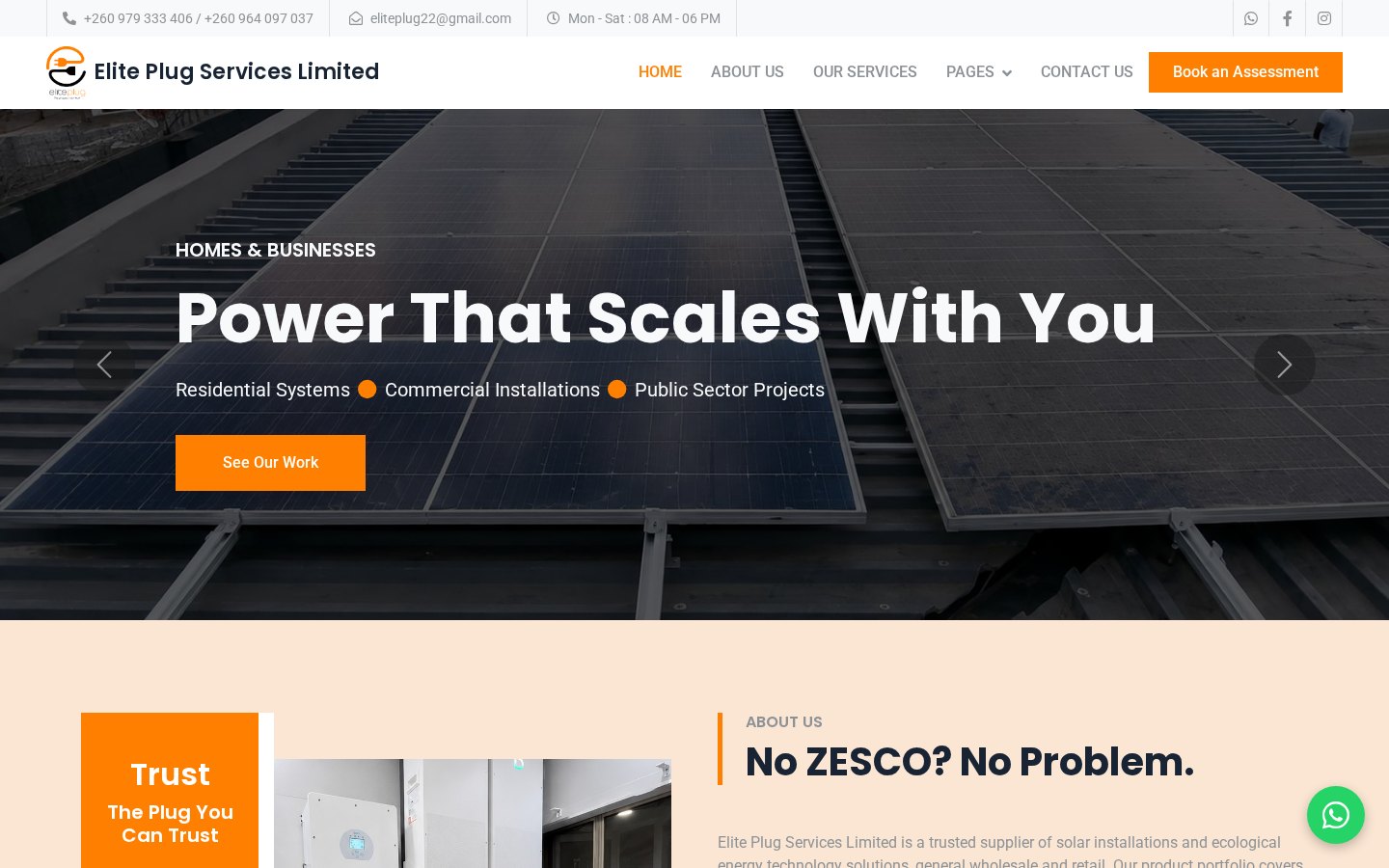Live screenshot of the Elite Plug Services website hero: Power That Scales With You