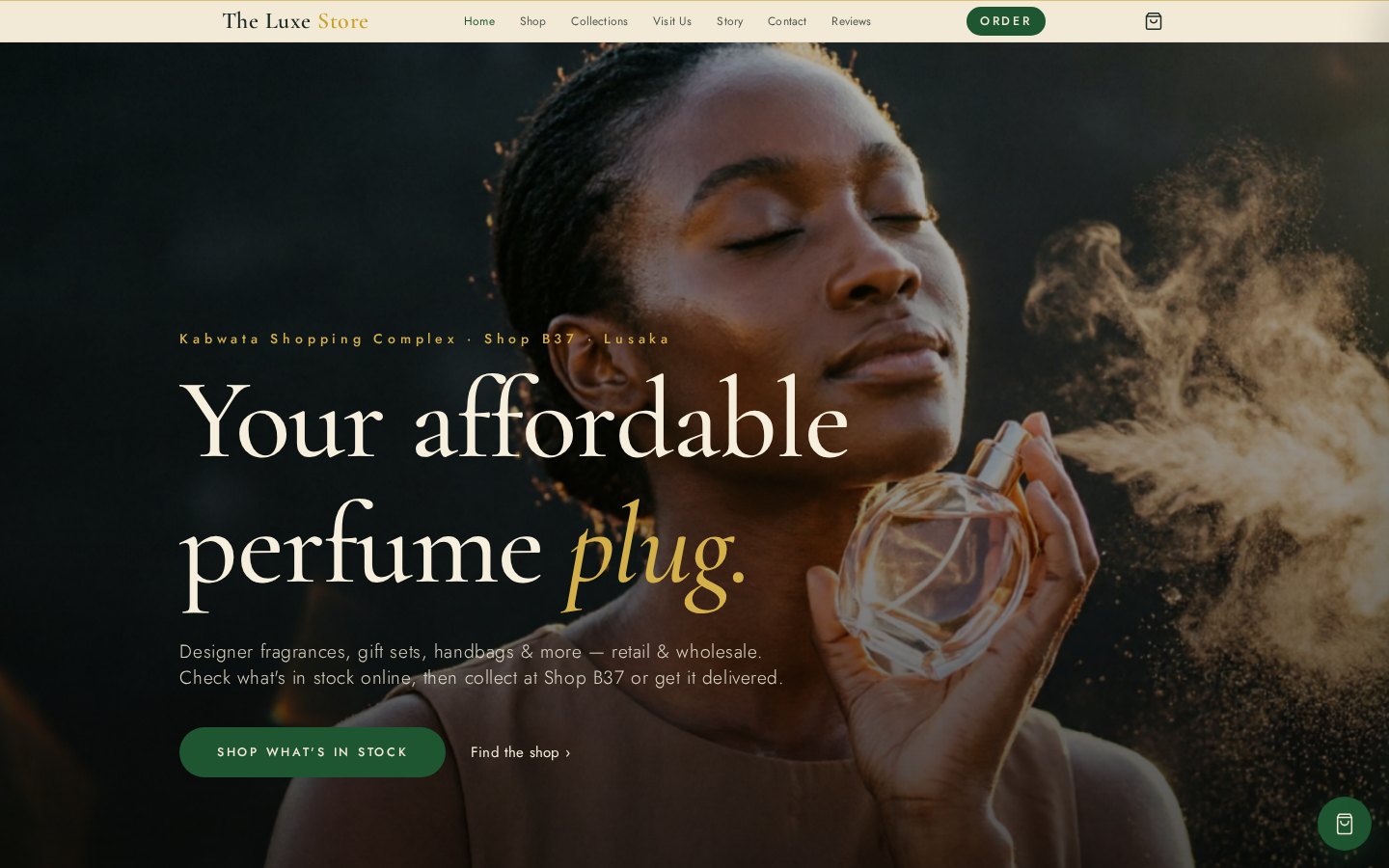 Live screenshot of The Luxe Store website hero: Your affordable perfume plug